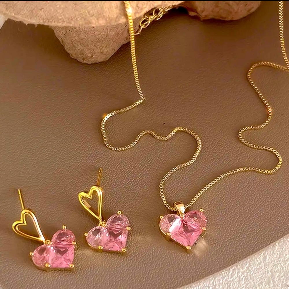 Pink Heart  Necklace and Earrings Set Gold Tone Cubic Zirconia Valentine’s Gift